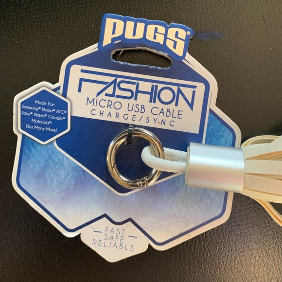 NEW PUGS white Micro USB Cable Charge & Sync Tassel clip - Samsung Sony Google - Picture 3 of 5